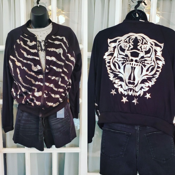 Blush Jackets & Blazers - Silver Sequined an Black Bomber with Tiger